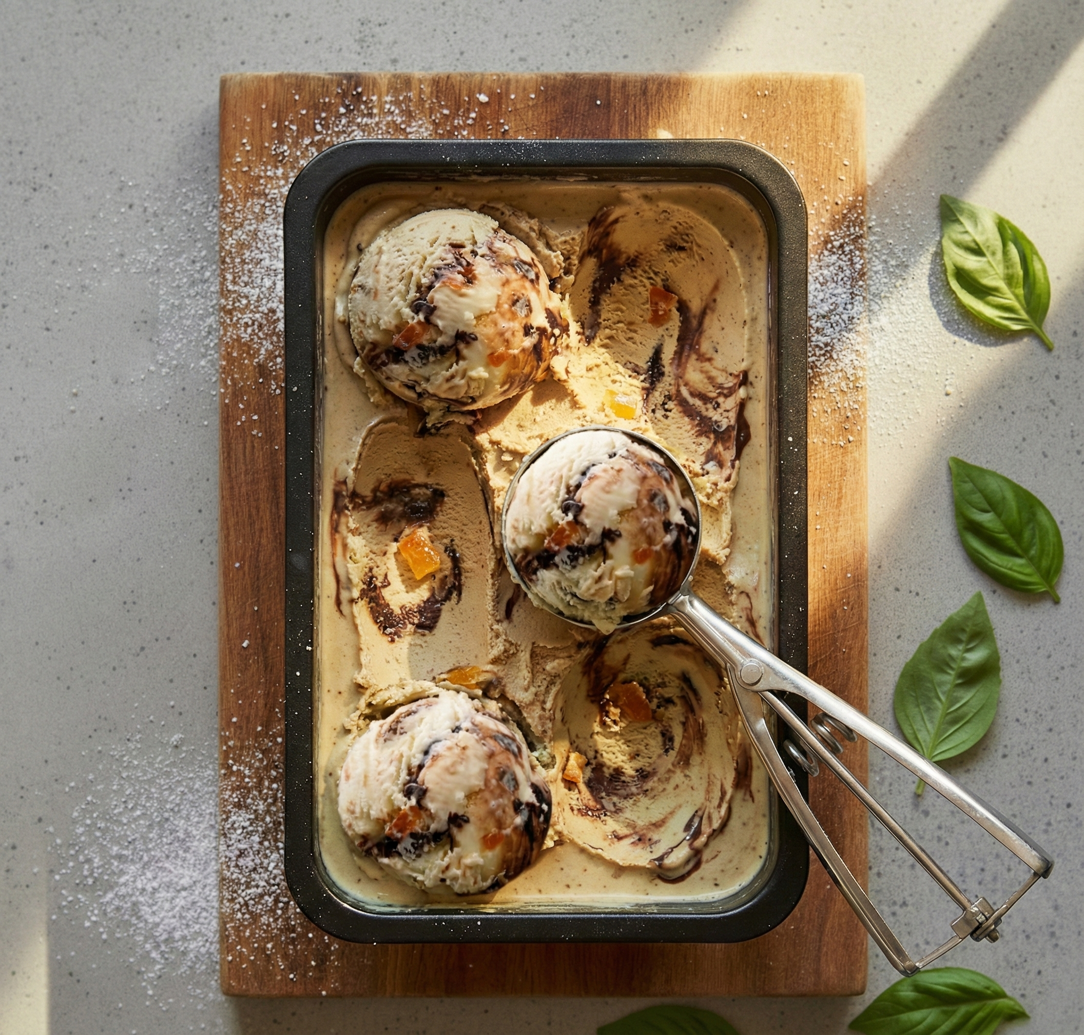 Coffee Arabica and Orange Gelato with Milk Chocolate Fudge and Candied Orange