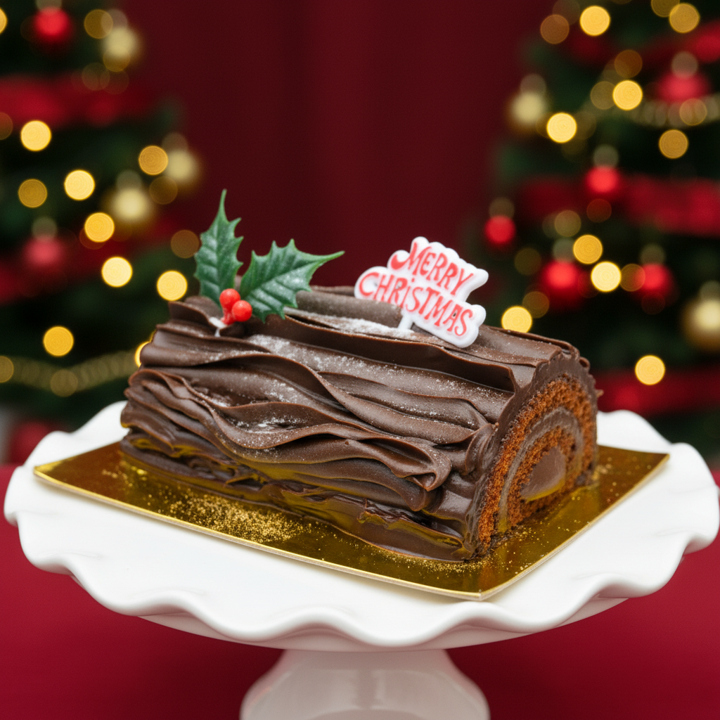 Traditional Dark Chocolate Yule Log Cake