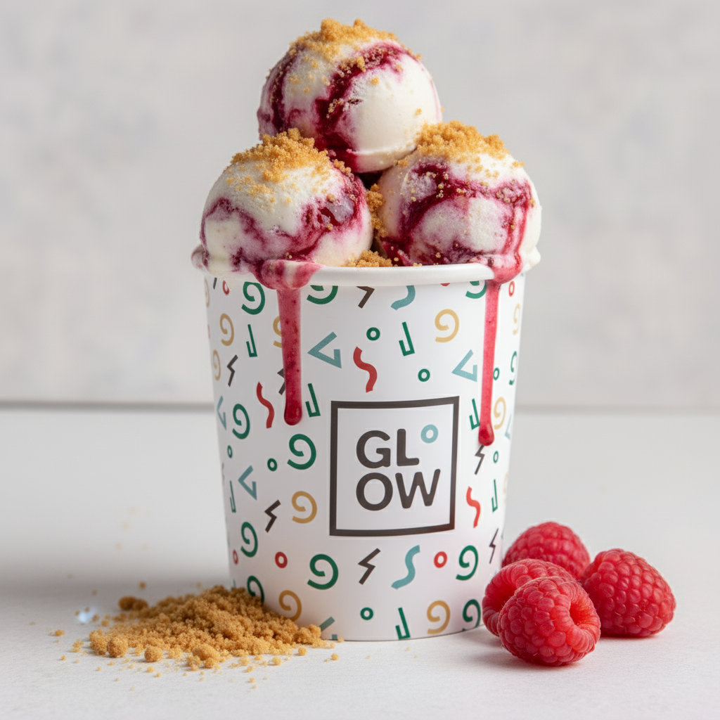 Philadelphia Cheesecake Gelato with Raspberry Coulis and Biscuit Crumbs