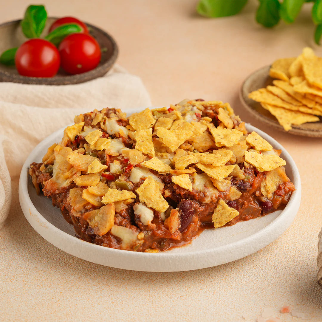 Vegan 5 Bean Chili Topped Tortilla and Jalapeno Crust